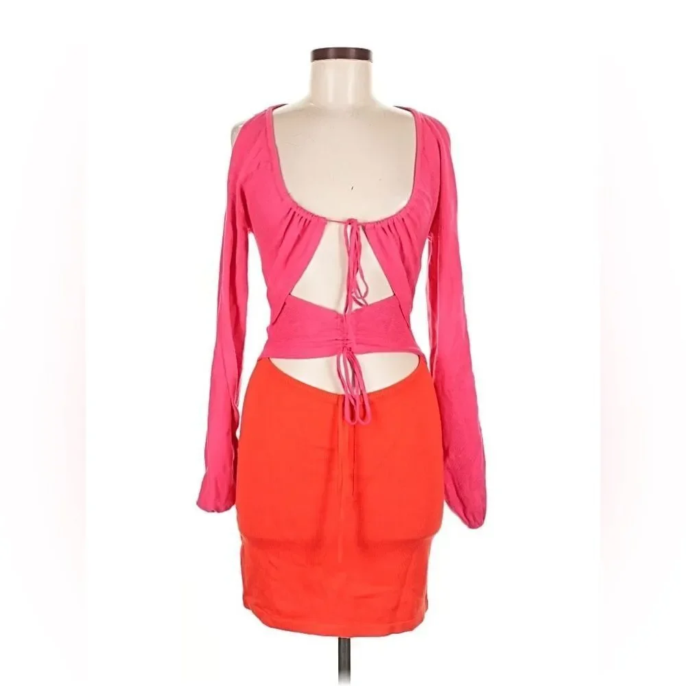 Lovers + Friends Zowie Drawcord Mini Dress | Medium | Orange & Magenta